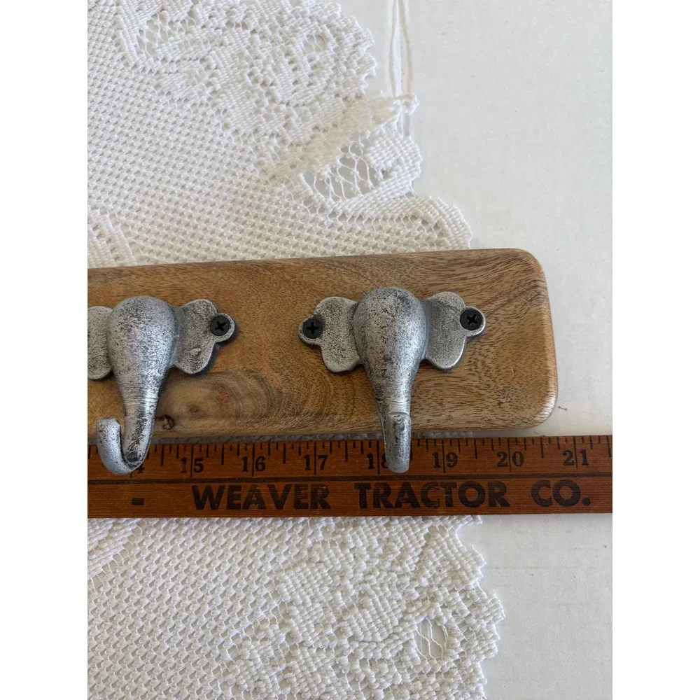 World Market Elephant Head Wall Hook Rack Wood Metal 5 Hooks Silver Brown 21